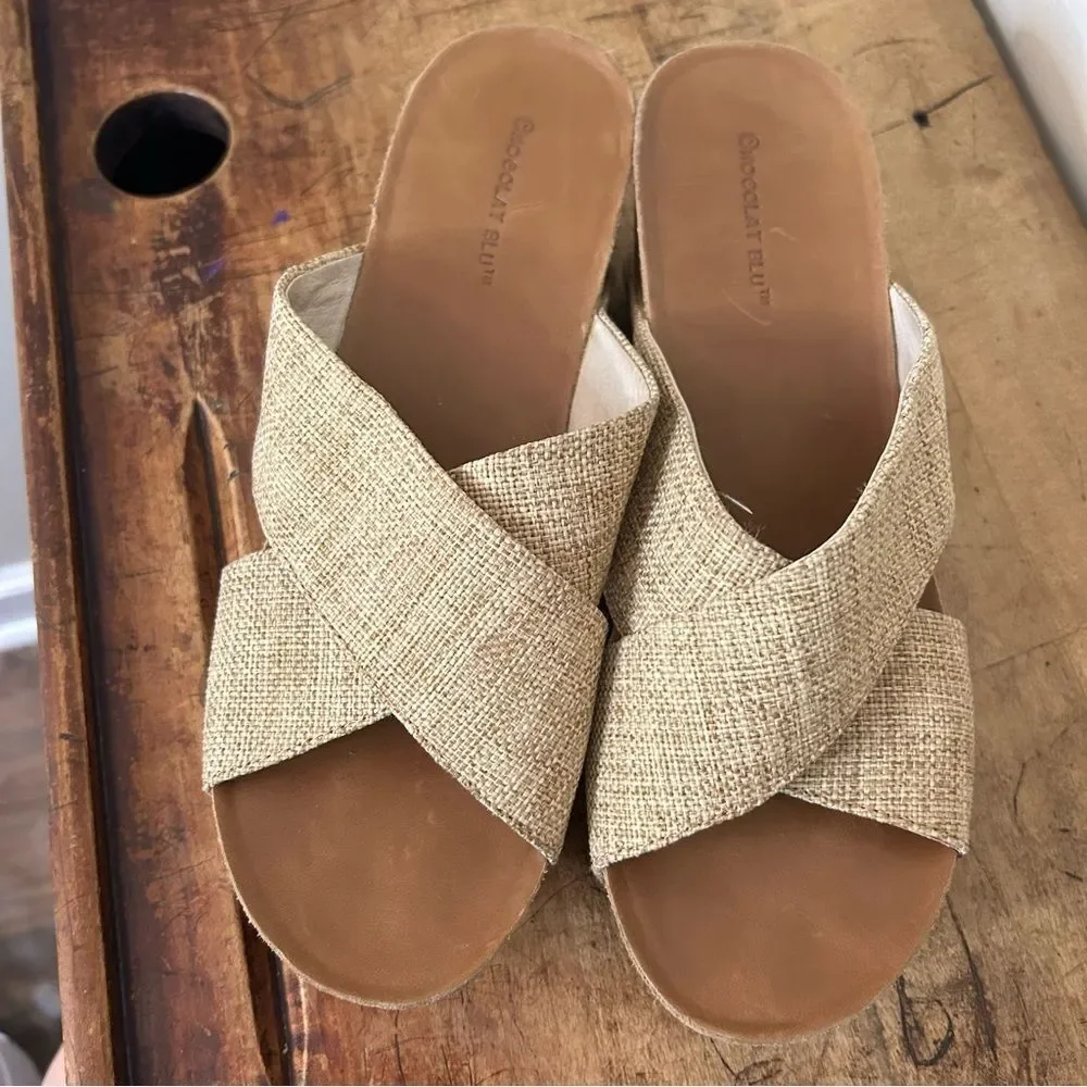 Chocolat Blu Melissa Cork Wedge Sandals Sand Cross Straps Women's 10